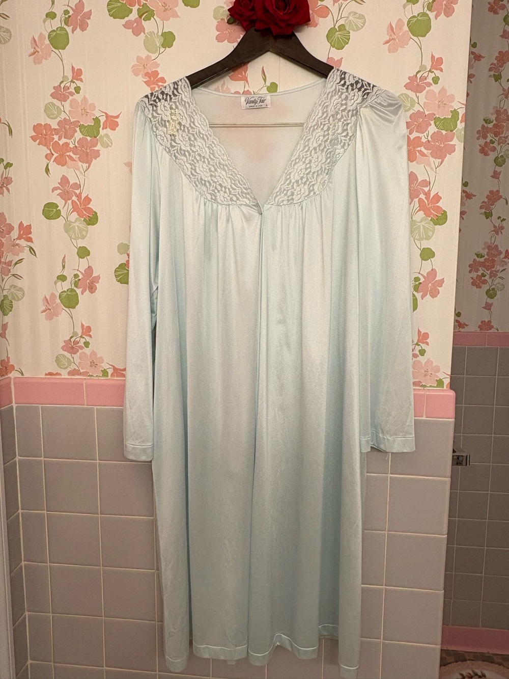 Vintage Vanity Fair Aqua Lace Peignoir Nightgown Pockets Cottagecore L